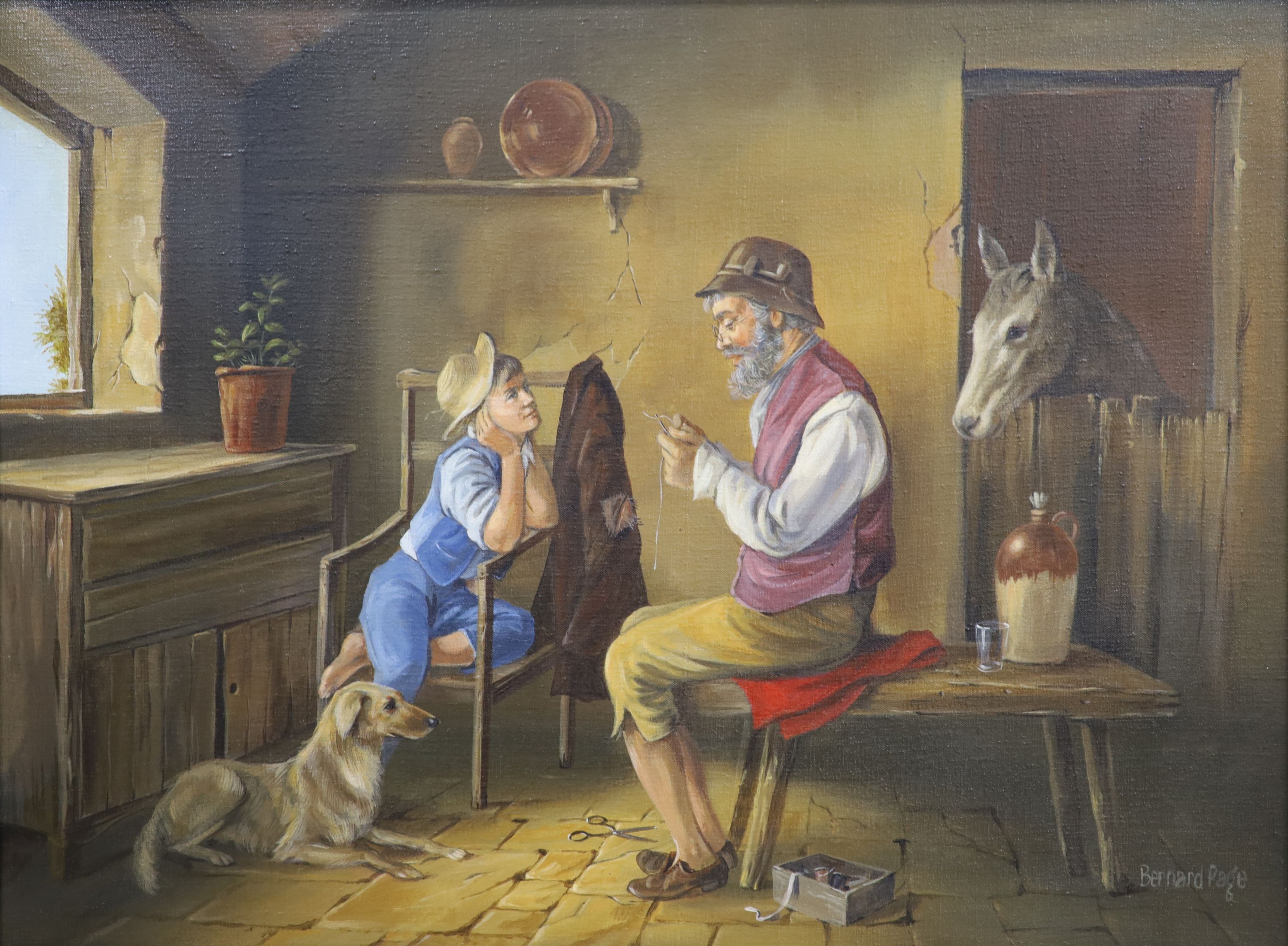 Bernard Page (20th English school), oil on canvas, Interior scene with figures, a donkey and a dog, signed, 46 x 61cm.